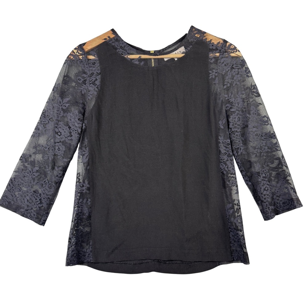 Sandro Black Floral Lace Sleeve Mixed Media Top Size 2 Gold Back‎ Zip Parisian